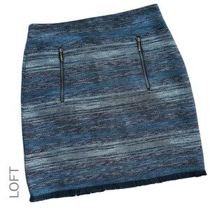 LOFT | NWOT BLUE TWEED FRINGE HEM MINI SKIRT EXPOSED ZIPPER POCKETS | SIZE 0
